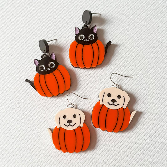 Pumpkin Patch Pets Cat and Dog Acrylic Dangles and Badge Reels
