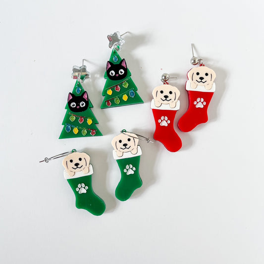 Furry Friend Dog Stocking Dangle Hoops and Kitty Cat Christmas Trees